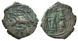 Constans II (641-668). Æ 40 Nummi (22mm, 3.64g, 12h). Constantinople. Constans standing facing, holding long cross. R/ Constantine IV, Heraclius and T...