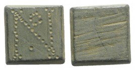 Roman-Byzantine 1 Nomisma Square Weight, 5th-6th century. Æ (13mm, 3.53g). Punch-engraved N. R/ Blank. Green patina, EF