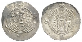 Islamic. Abbasid Governors of Tabaristan, temp. al-Rashid (AH 170-193 / AD 786-809). AR Hemidrachm (24mm, 1.99g, 3h). Stylized crowned Sassanian style...