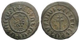 Cilician Armenia, Levon I (1198-1219). Æ Tank (28mm, 6.59g, 12h). Crowned leonine head facing slightly r. R/ Patriarchal cross; five-pointed star to l...