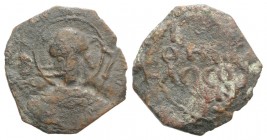 Crusaders, Antioch. Tancred (Regent, 1101-03, 1104-12). Æ Follis (20mm, 3.25g, 6h). Nimbate facing bust of St. Peter, holding cruciform sceptre. R/ Le...