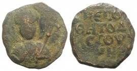 Crusaders, Antioch. Tancred (Regent, 1101-03, 1104-12). Æ Follis (21mm, 4.18g, 6h). Nimbate facing bust of St. Peter, holding cruciform sceptre. R/ Le...