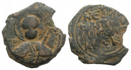 Crusaders, Antioch. Tancred (Regent, 1101-03, 1104-12). Æ Follis (22mm, 3.47g, 6h). Nimbate facing bust of St. Peter, holding cruciform sceptre. R/ Le...