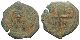 Crusaders, Antioch. Tancred (Regent, 1101-03, 1104-12). Æ Follis (21mm, 2.74g, 6h). Bust of Tancred facing, wearing turban and holding sword. R/ Cross...