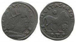 Italy, L'Aquila. Ferdinando I d'Aragona (1458-1494). Æ Cavallo (18mm, 1.83g, 5h). Crowned head r. R/ Horse stepping r.; eagle before, rosette above. M...