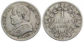 Italy, Papal, Pio IX (1846-1878). 1 Lira 1868 AN XXII (23mm, 4.95g, 6h). Pagani 572. VF