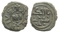 Italy, Sicily, Messina. Tancredi and Ruggero (1089-1194). Æ Follaro (12mm, 1.98g, 12h). REX within circle and Kufic legend. R/ Kufic legend. Spahr 139...