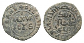 Italy, Sicily, Messina. Guglielmo II (1166-1189). Æ Half Follaro (15mm, 1.59g, 12h). REX W SCUS. R/ Kufic legend. Spahr 119; MIR 38. Green patina, VF