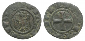 Italy, Sicily, Messina. Manfredi (1258-1266). BI Denaro (12mm, 0.66g, 3h). Eagle, head l. R/ Cross. Spahr 196; MIR136. VF