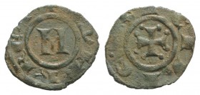 Italy, Sicily, Messina. Manfredi (1258-1266). BI Denaro (15mm, 0.60g). Large M. R/ Cross. Spahr 204. VF