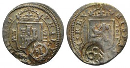 Spain, Felipe III (1598-1621). Æ 8 Maravedis (28mm, 5.68g, 12h). Segovia, 1618. Crowned coat-of-arms of Castile; c/m: 16... R/ Crowned coat-of-arms of...
