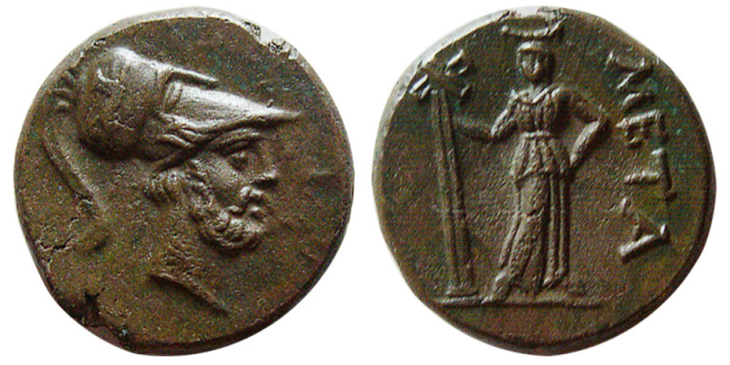 LUCANIA, Metapontion. Ca 300-250 BC. Æ (4.57 gm; 16 mm). Obv: Helmeted head of L...