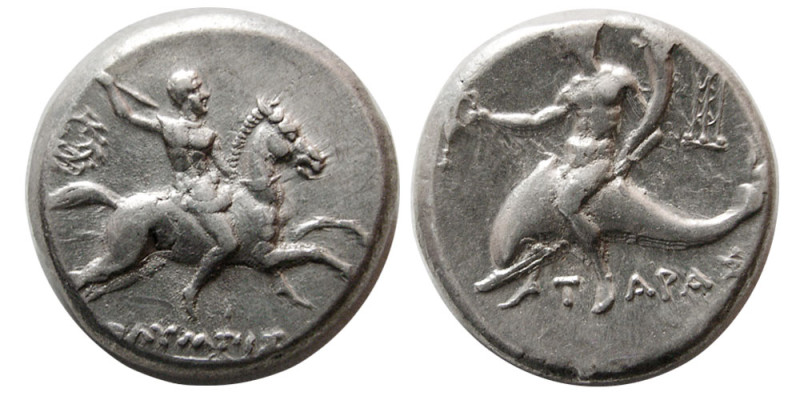 CALABRIA, Tarentum. Circa 240-228 BC. Silver Nomos (6.58 gm; 19 mm). Olympis, ma...