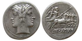 ROMAN REPUBLIC. Anonymous. 225-212 BC. AR Quadrigatus.
