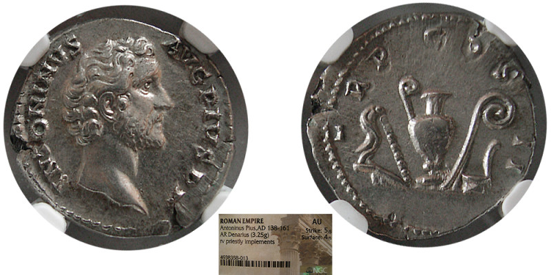 ROMAN EMPIRE. Antoninus Pius, AD. 138-161. AR Denarius(3.25g). NGC-AU. Rome, AD ...