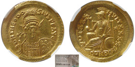 ROMAN EMPIRE; Theodosius II. 402-450 AD. Gold Solidus. NGC-AU.