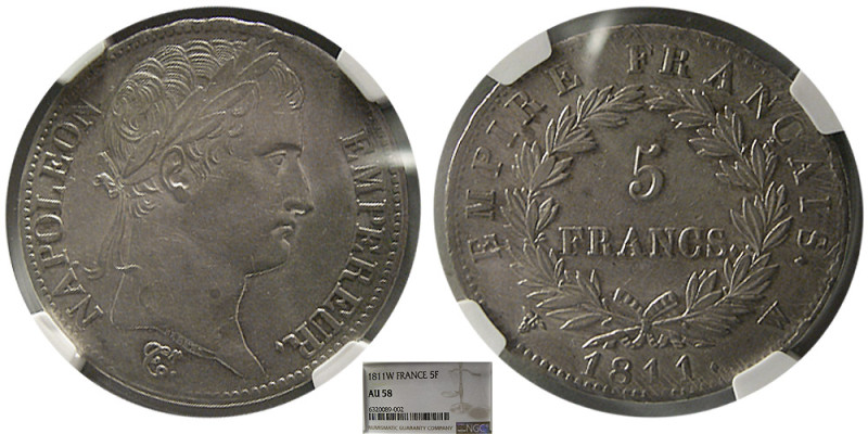 FRANCE, Napoleon Bonaparte, The Emperor. 1811-W. Silver 5 Francs. NGC AU-58. Cer...