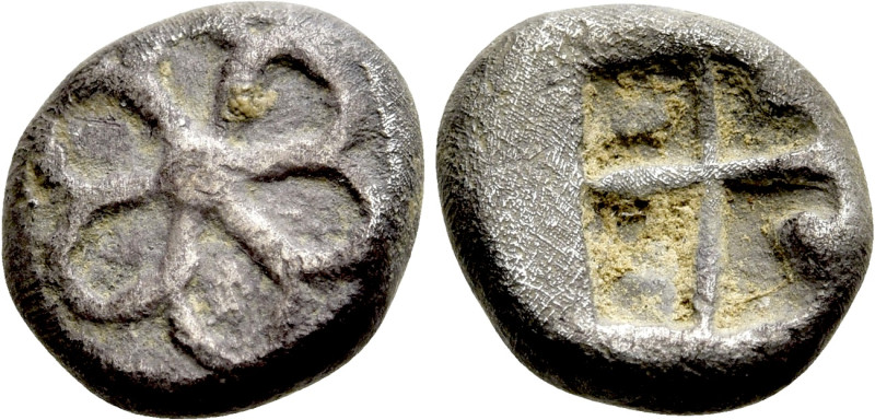 GREEK. Uncertain. Hemiobol (5th - 4th century BC). 

Obv: Stylised blossom wit...