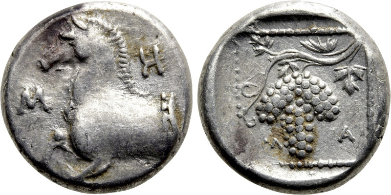 THRACE. Maroneia. Triobol (Circa 377-365 BC). 

Obv: M - H - T. 
Forepart of ...