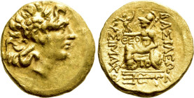 KINGS OF PONTOS. Mithradates VI Eupator (Circa 120-63 BC). GOLD Stater. First Mithradatic War issue. In the name and types of Lysimachos of Thrace. To...