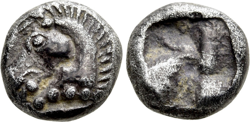 AEOLIS. Kyme(?). Hemiobol (Circa 500-475 BC).

Obv: Head of horse left.
Rev: ...