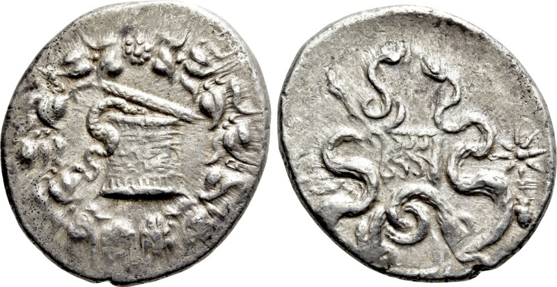 LYDIA. Tralleis. Cistophor (Circa 155-145 BC). 

Obv: Cista mystica with serpe...