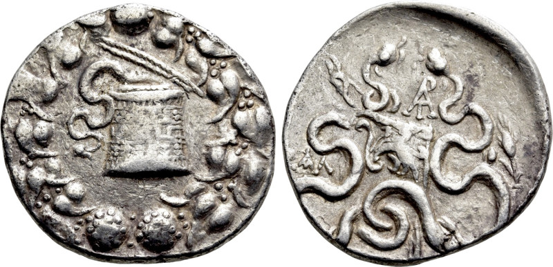 LYDIA. Tralleis. Cistophor (Circa 140-135 BC). 

Obv: Cista mystica with serpe...