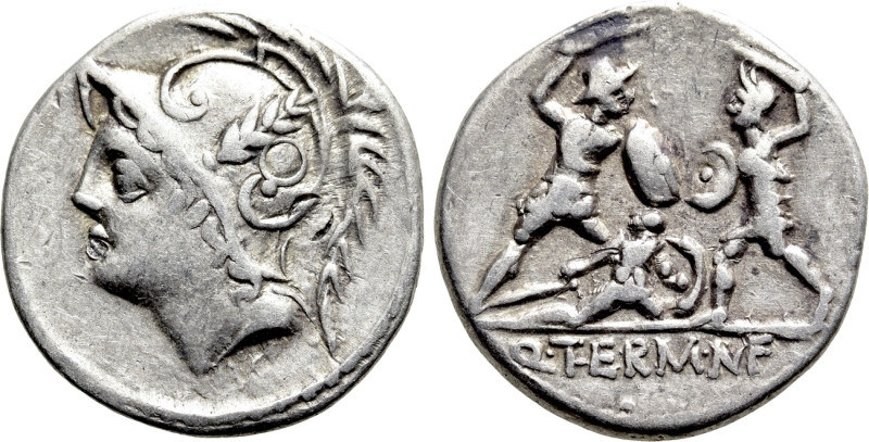 Q. THERMUS M. F. Denarius (103 BC). Rome. 

Obv: Head of Mars left, wearing cr...