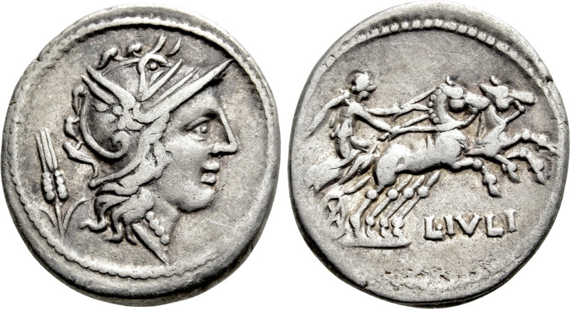 L. JULIUS. Denarius (101 BC). Rome. 

Obv: Helmeted head of Roma right; grain ...