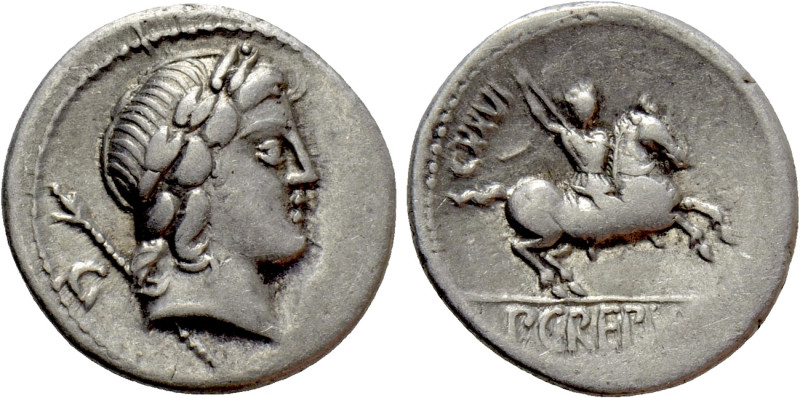 P. CREPUSIUS. Denarius (82 BC). Rome. 

Obv: Laureate head of Apollo right; be...