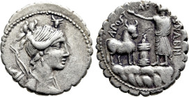 A. POSTUMIUS A. F. SP. N. ALBINUS. Serrate Denarius (81 BC). Rome