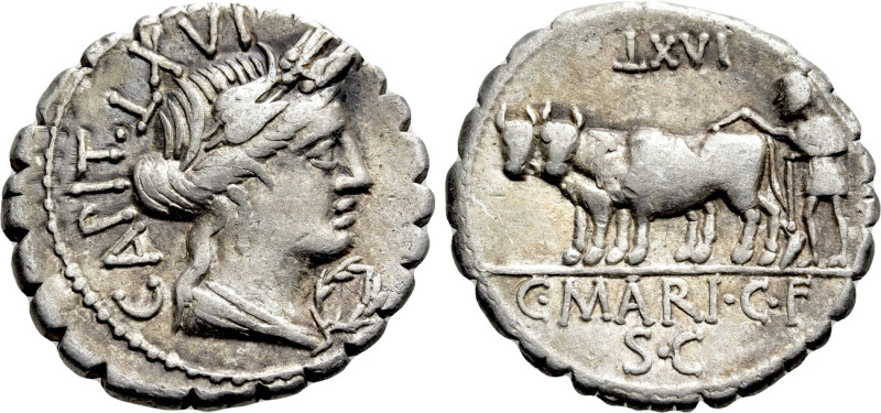 C. MARIUS C. F. CAPITO. Serrate Denarius (81 BC). Rome. 

Obv: CAPIT TXVI. 
D...
