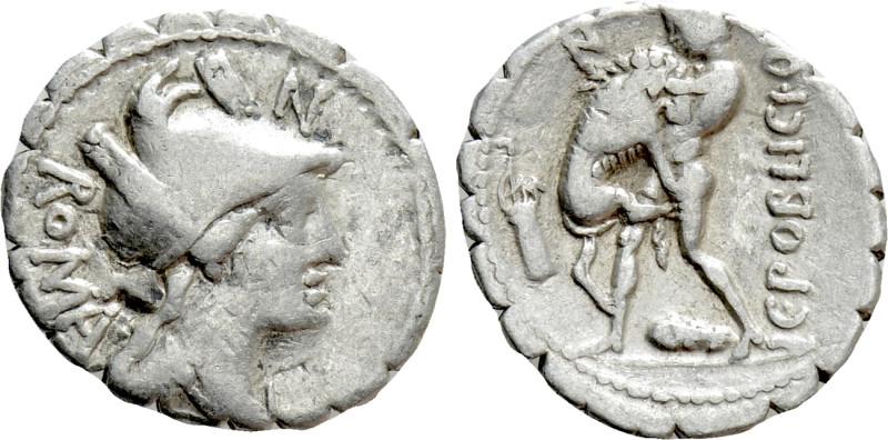 C. POBLICIUS Q.F. Serrate Denarius (80 BC). Rome. 

Obv: ROMA. 
Helmeted and ...