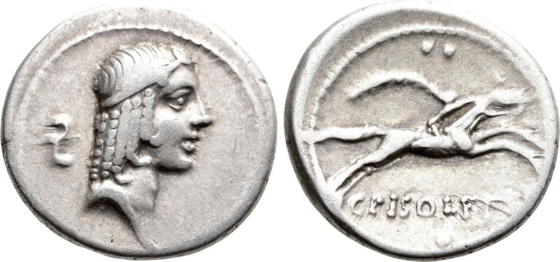 C. CALPURNIUS PISO FRUGI. Denarius (67 BC). Rome. 

Obv: Diademed head of Apol...