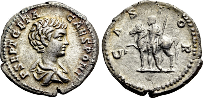 GETA (Caesar, 198-209). Denarius. Rome. 

Obv: P SEPT GETA CAES PONT. 
Barehe...