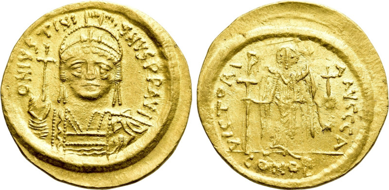 JUSTINIAN I (527-565). GOLD Solidus. Constantinople. 

Obv: D N IVSTINIANVS P ...