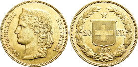SWITZERLAND. GOLD 20 Francs (1892-B). Bern