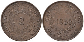 ARGENTINA. Buenos Aires. 2 Reales 1853. Cu. KM9. BB+