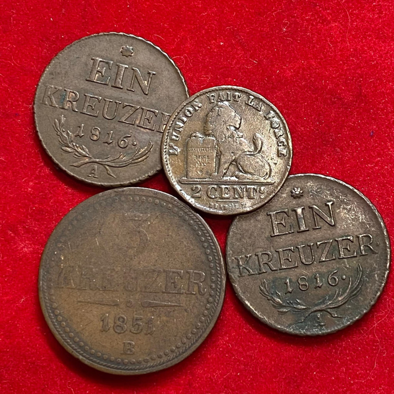 AUSTRIA. Lotto di 3 monete (2x 1 kreuzer 1816 A; 3 kreuzer 1851 B) + 2 centimes ...