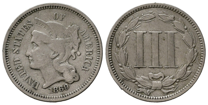 STATI UNITI. 3 Cents 1869. KM95. Ni. BB