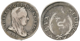 MILANO. Maria Teresa d'Asburgo (1740-1780). Da 10 soldi 1771. Ag (1,82 g). MIR 427/1. RR. MB