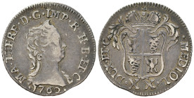 MILANO. Maria Teresa d'Asburgo (1740-1780). Da 20 soldi 1762. Ag (3,71 g). MIR 424/1. Rara. BB