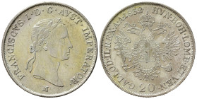 MILANO. Francesco I d'Asburgo - Lorena (1815-1835). 20 kreuzer 1832 M. Ag. Gig. 117. segni di vecchia pulizia nei campi. SPL+