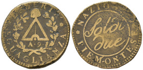 TORINO. Repubblica Piemontese (1798-1799). 2 Soldi anno 9. AE (10,20 g). C/rigato obliquo. Gig. 3a. Rara. qBB