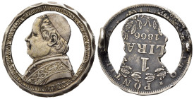 Pio IX. 1 lira 1866 trasformata in spilla, aggancio sul retro mancante e danneggiato. Interessante e coeva. BB