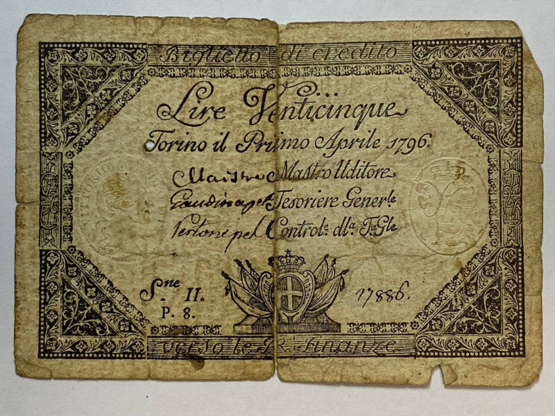 Regno di Sardegna. 25 lire Regie Finanze 1796 Torino. MB