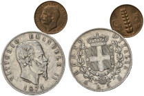 Regno d'Italia. Lotto di 2 monete. 5 lire 1874 M (BB); 5 centesimi 1921 (qFDC)