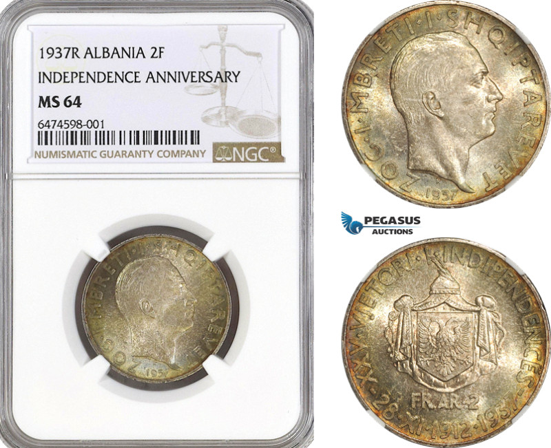 Albania, Zog I, 2 Frang Ar 1937 R, Rome Mint, Silver, KM# 16 (Independence Anniv...