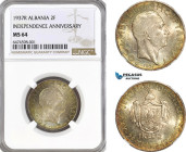 Albania, Zog I, 2 Frang Ar 1937 R, Rome Mint, Silver, KM# 16 (Independence Anniversary) Frosty devices with a lovely green toning!, NGC MS64, Top Pop!