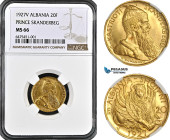 Albania, Zog I, 20 Franga Ari 1927 V, Vienna Mint, Gold KM# 12 (Prince Skanderbeg)A Beautiful piece! NGC MS66